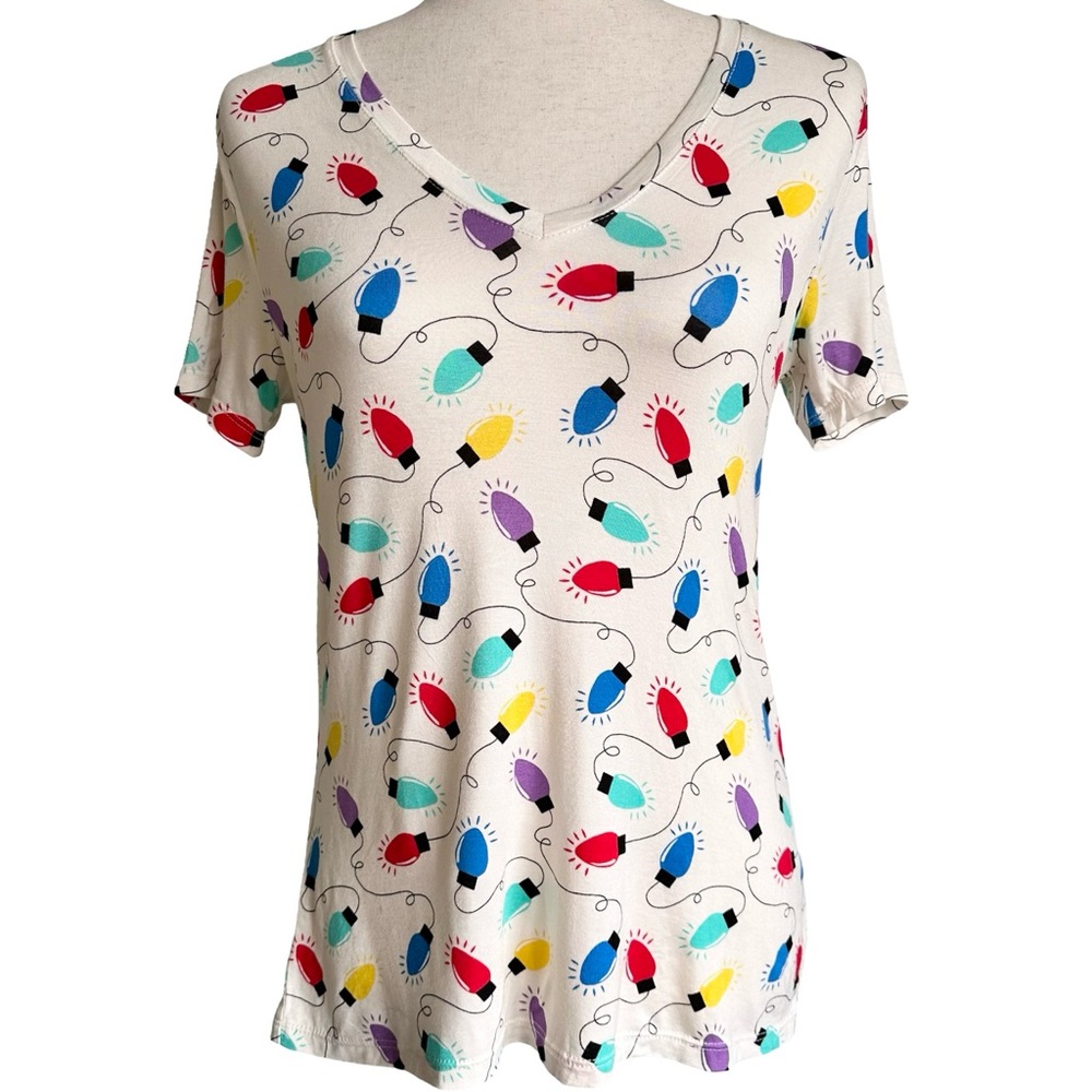 Jollidays Christmas Light Bulb Print Women's Festive V-Neck Tee Size Small NWT